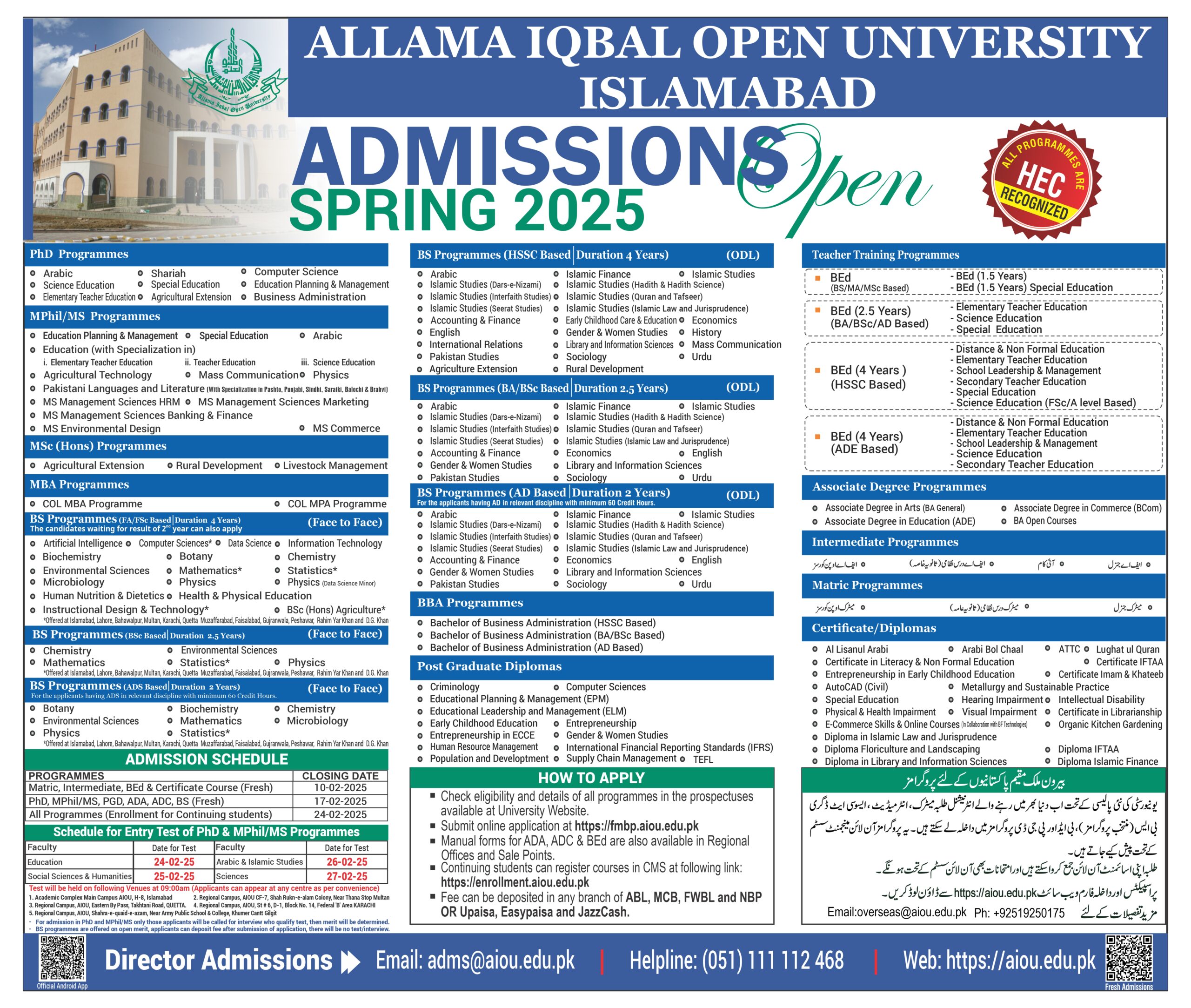 Allama Iqbal Open University AIOU Islamabad Admissions Spring 2025 
